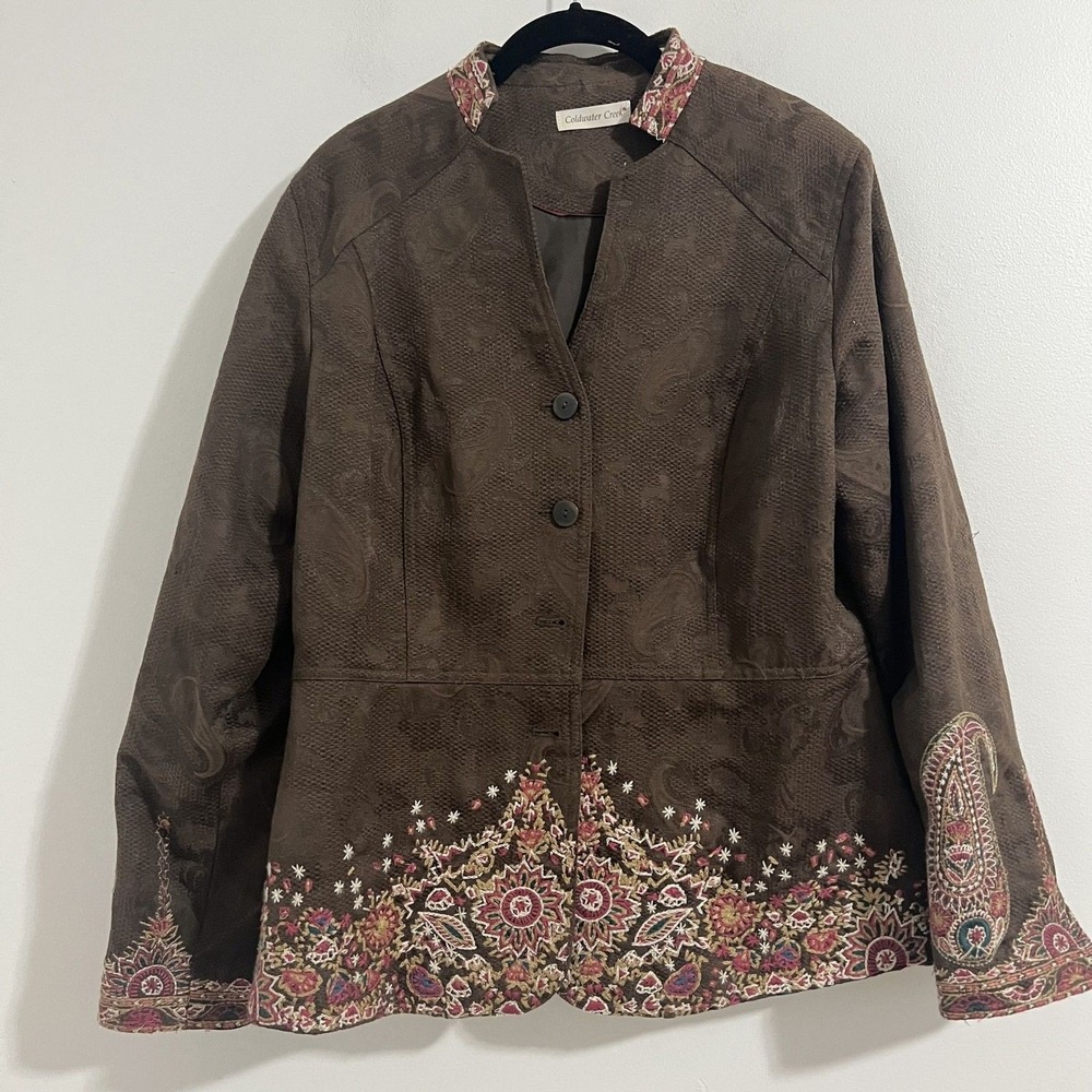 Coldwater Creek Jacket Womens 12 Brown Paisley Embroidered Boho Floral Lined